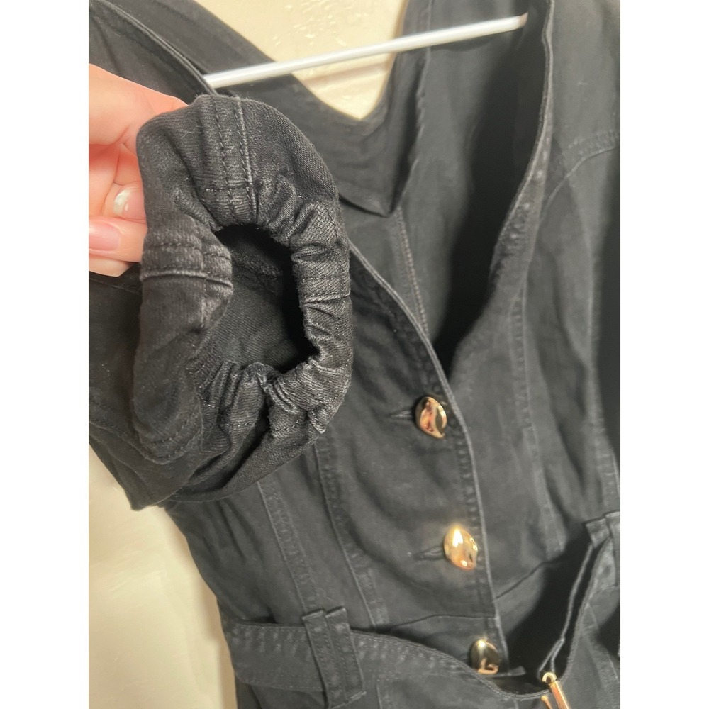 Commense Black Denim Puff Sleeve Belted Mini Dress Gold Dark academia work XS - Picture 6 of 9